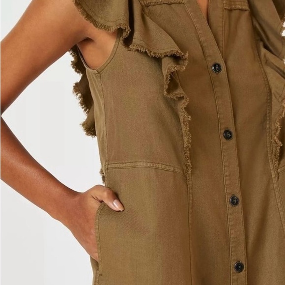 Pilcro Anthropologie Button Front Flutter Sleeve Tunic Dress in Moss - Picture 2 of 7